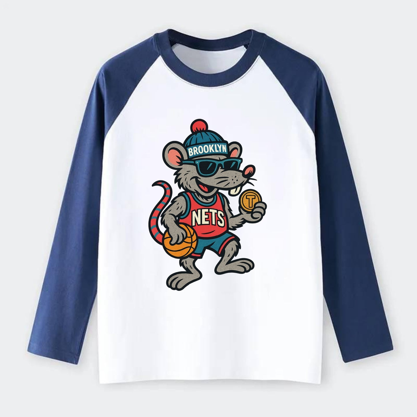 Brooklyn Rat wearing Nets beanie with subway token and wayfarer - Raglan Long Sleeve T-Shirt - Blue