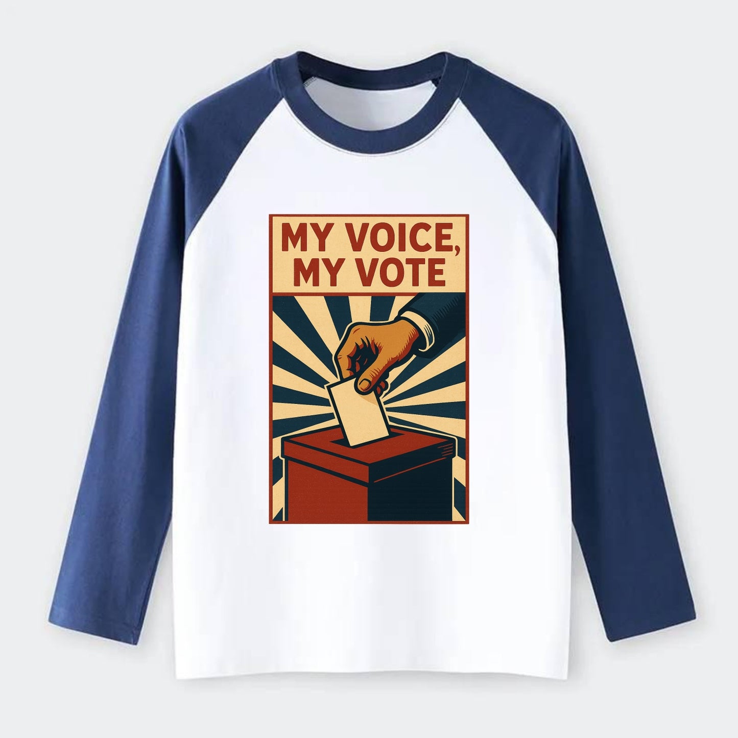 Hand dropping ballot into box with determination - "My Voice, My Vote" - Raglan Long Sleeve T-Shirt - Blue
