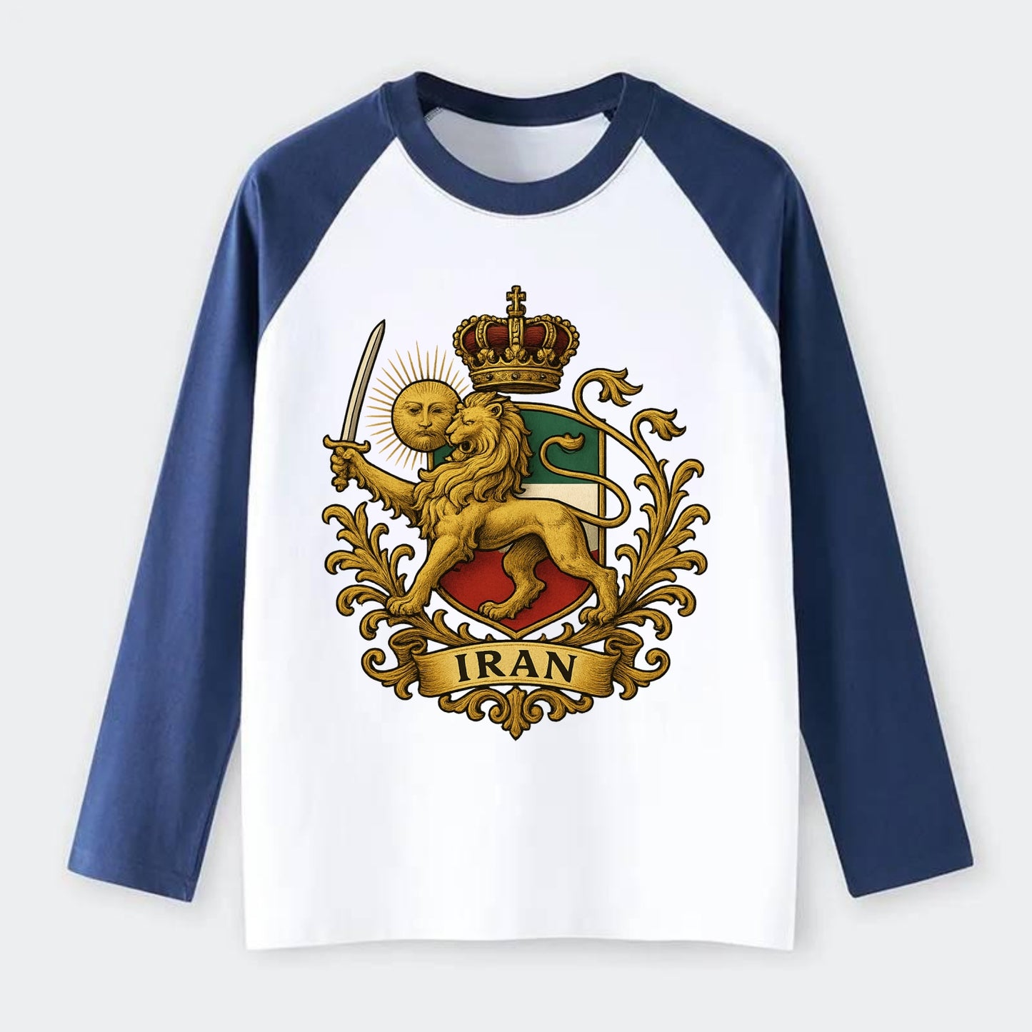 Royal Iran Coat Of Arms - Raglan Long Sleeve T-Shirt - Blue