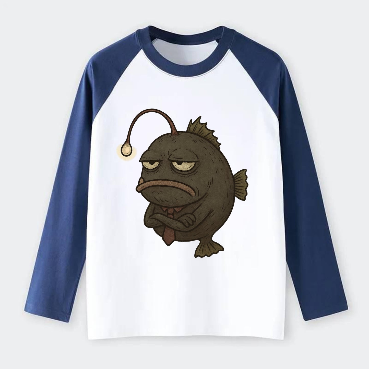 THE ANGLERFISH LURES DISAPPOINTMENT | Dark gray anglerfish with dim - Raglan Long Sleeve T-Shirt - Blue
