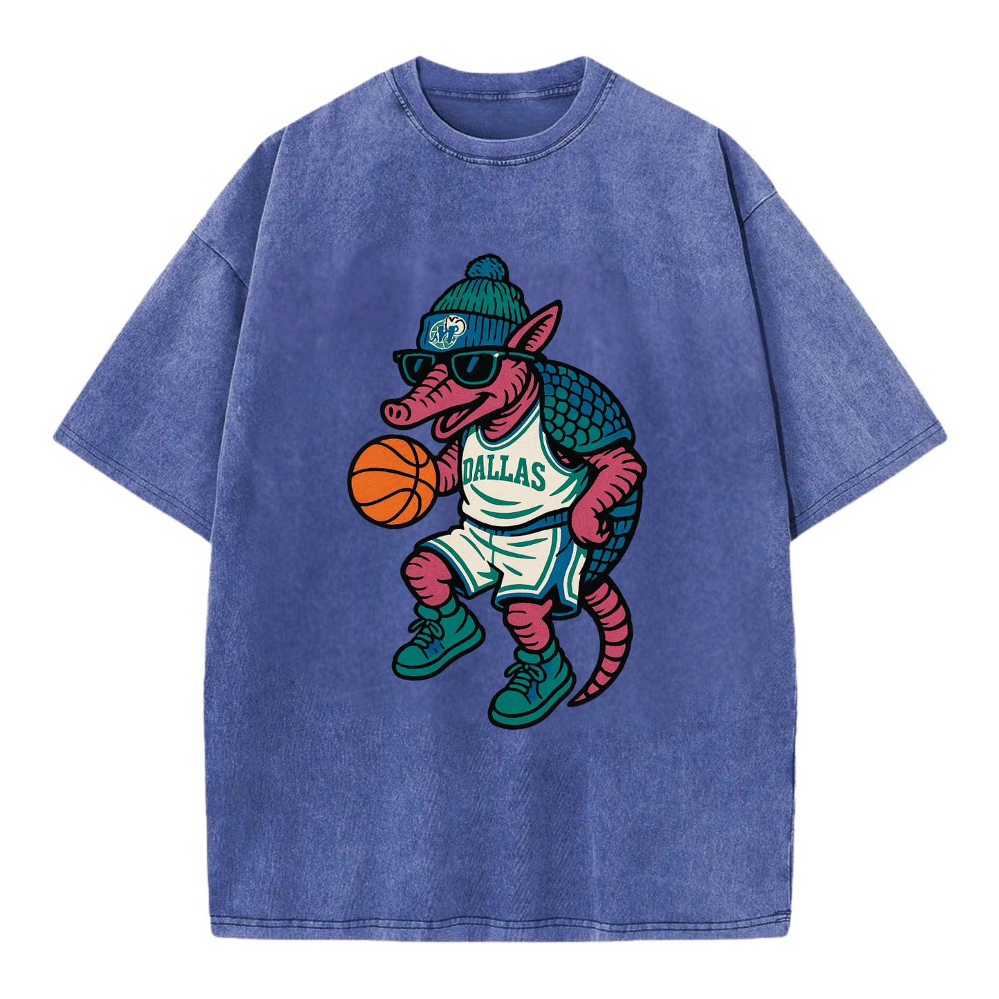 Dallas Armadillo wearing Mavericks beanie with cowboy hat patch and wayfarer - Vintage T-shirt - Blue