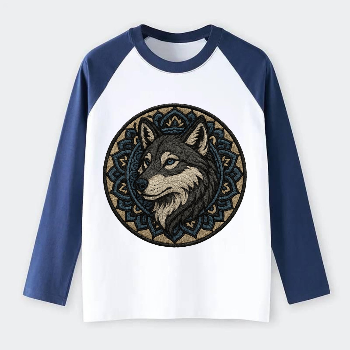 Mandala Wolf Pattern - Raglan Long Sleeve T-Shirt - Blue