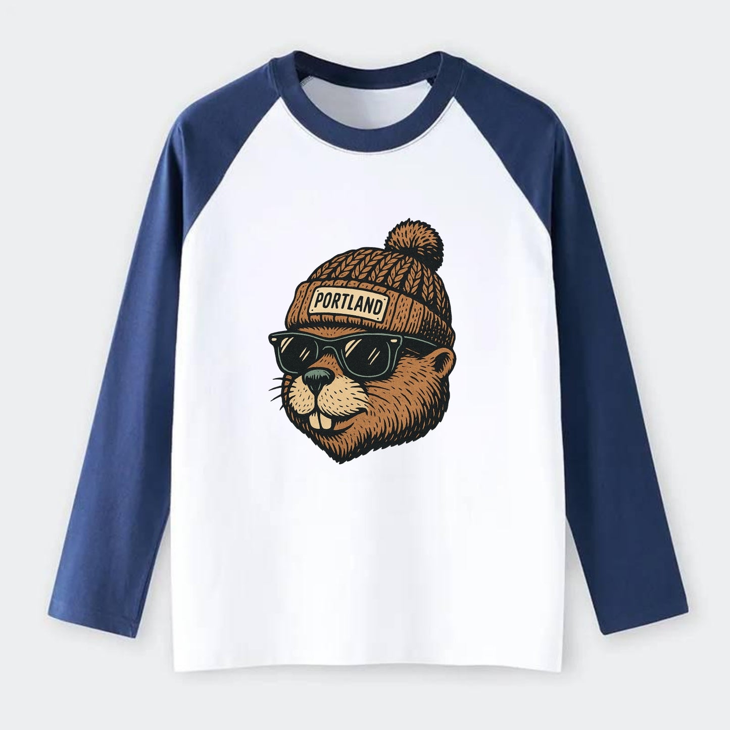 Portland Beaver wearing Portland beanie with pom pom and wayfarer - Raglan Long Sleeve T-Shirt - Blue