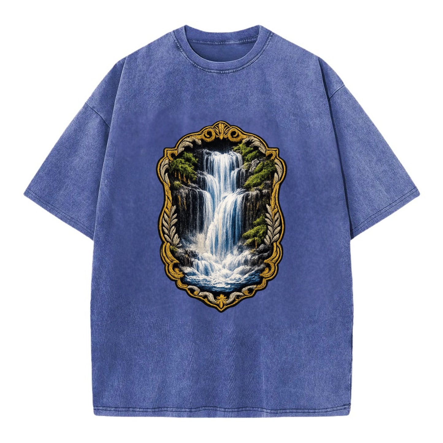 WATERFALL CASCADE - falling water with mist in blue and white , nature wonder - Vintage T-shirt - Blue