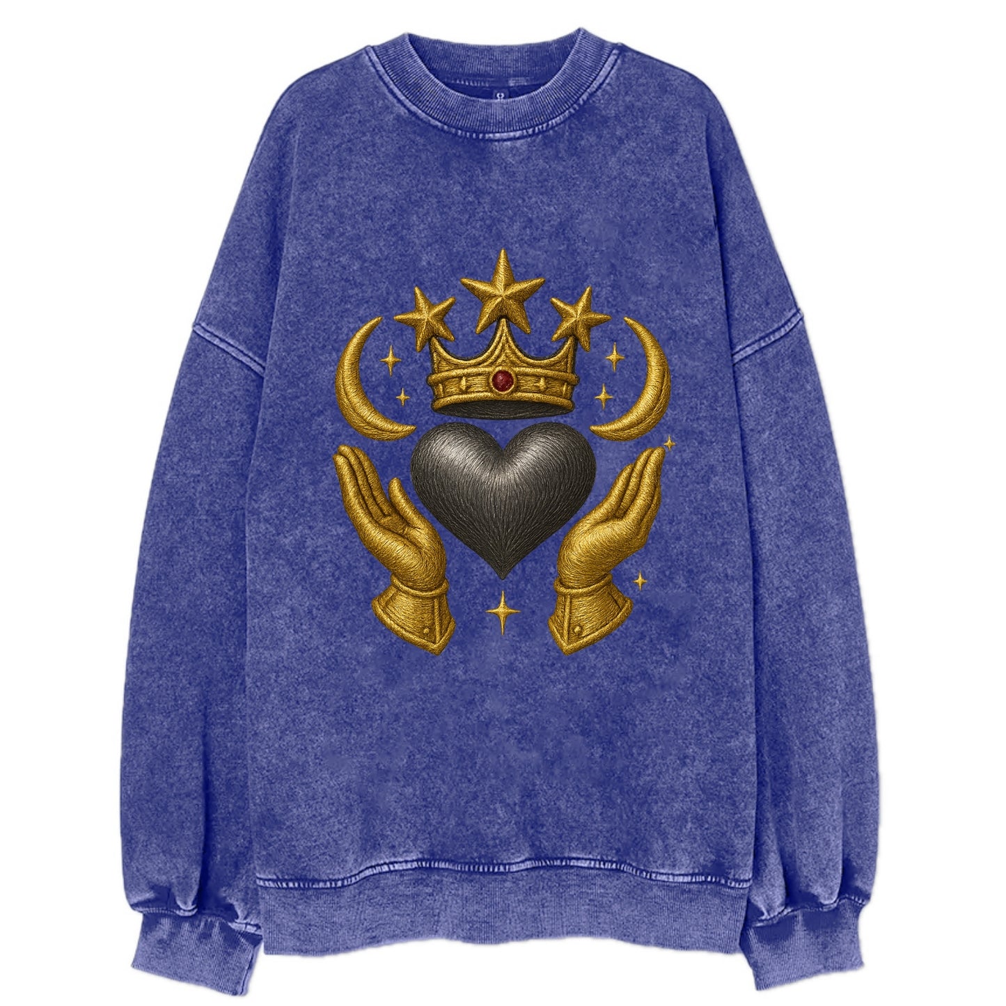 Sun goddess crown radiating golden rays over a midnight heart with - Vintage Sweatshirt - Blue