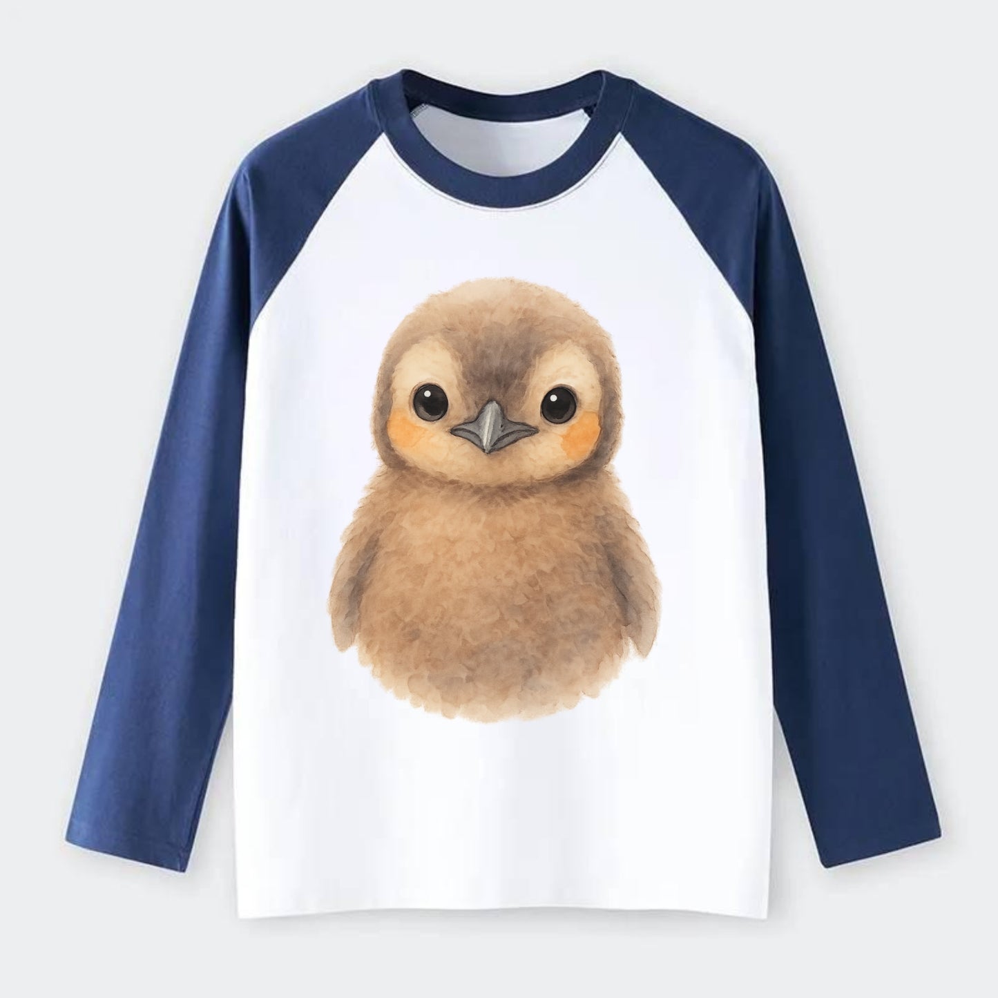 Baby King Penguin - orange cheek patches, fluffy brown, large eyes, - Raglan Long Sleeve T-Shirt - Blue