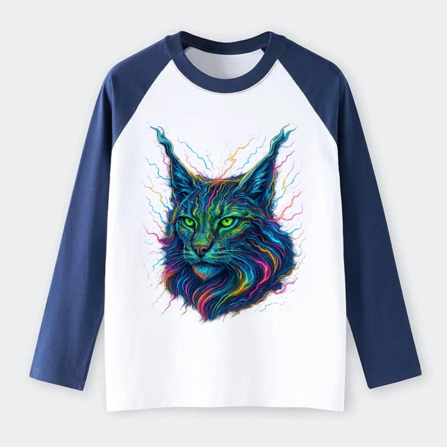 Wild lynx with ear tufts transforming into liquid mercury flows, - Raglan Long Sleeve T-Shirt - Blue