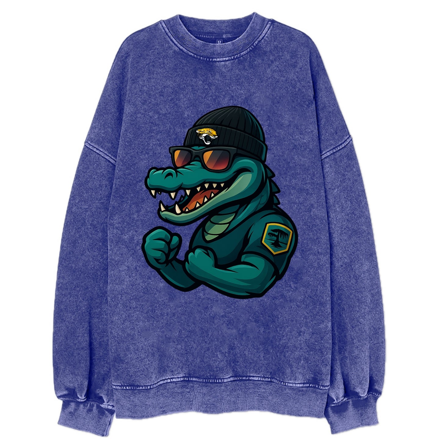 Jacksonville Alligator wearing Jaguars beanie with swamp patch and wayfarer - Vintage Sweatshirt - Blue