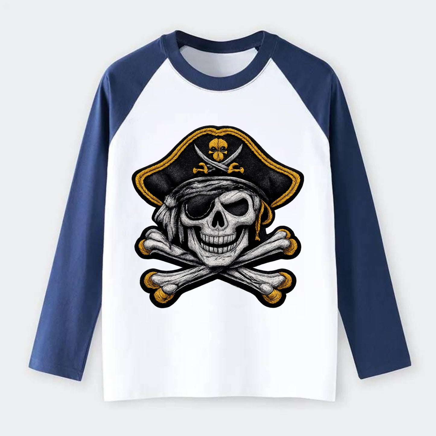 PIRATE SKULL - Jolly Roger skull in black and white , pirate - Raglan Long Sleeve T-Shirt - Blue
