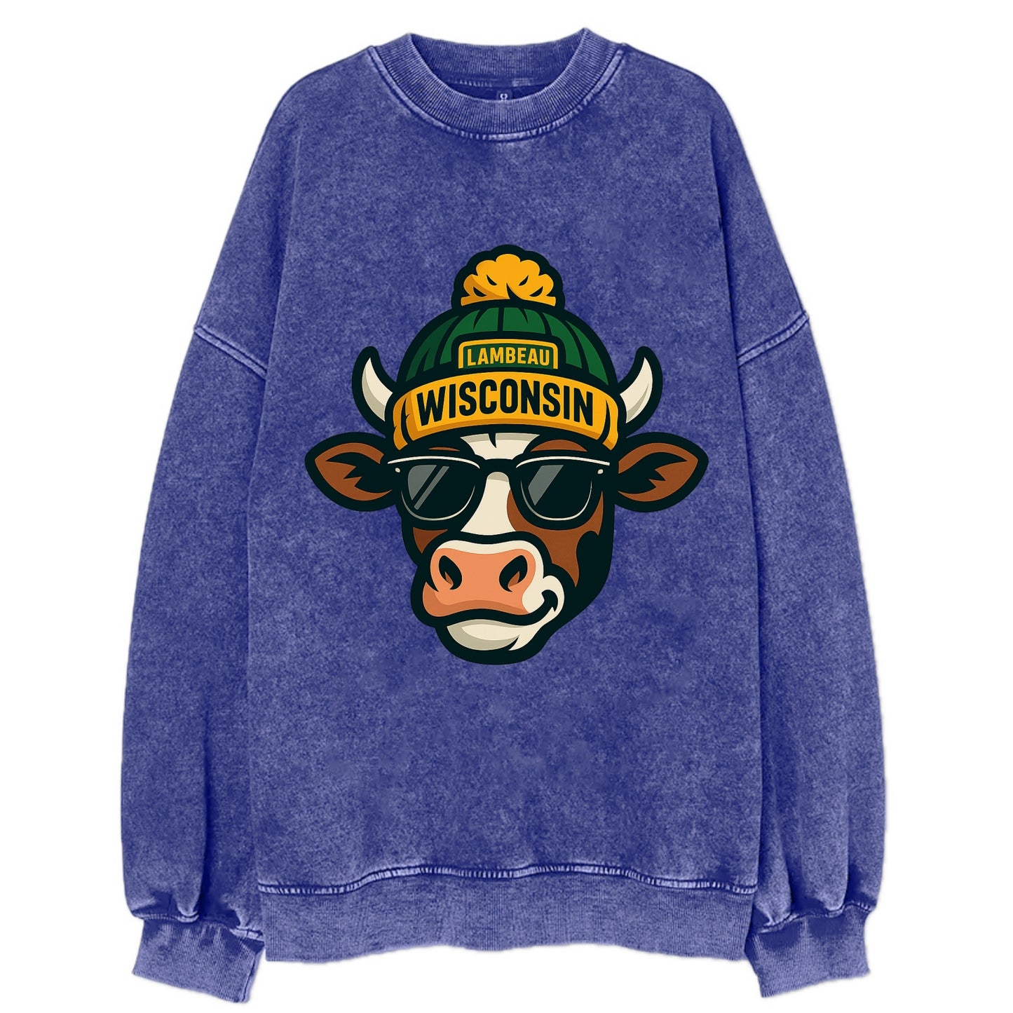Wisconsin Cow wearing Packers beanie with Lambeau patch and wayfarer sunglasses - Vintage Sweatshirt - Blue