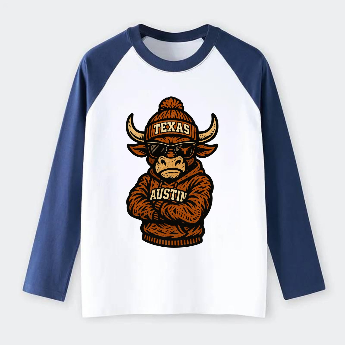 Austin Bevo wearing Texas beanie with longhorn patch - Raglan Long Sleeve T-Shirt - Blue