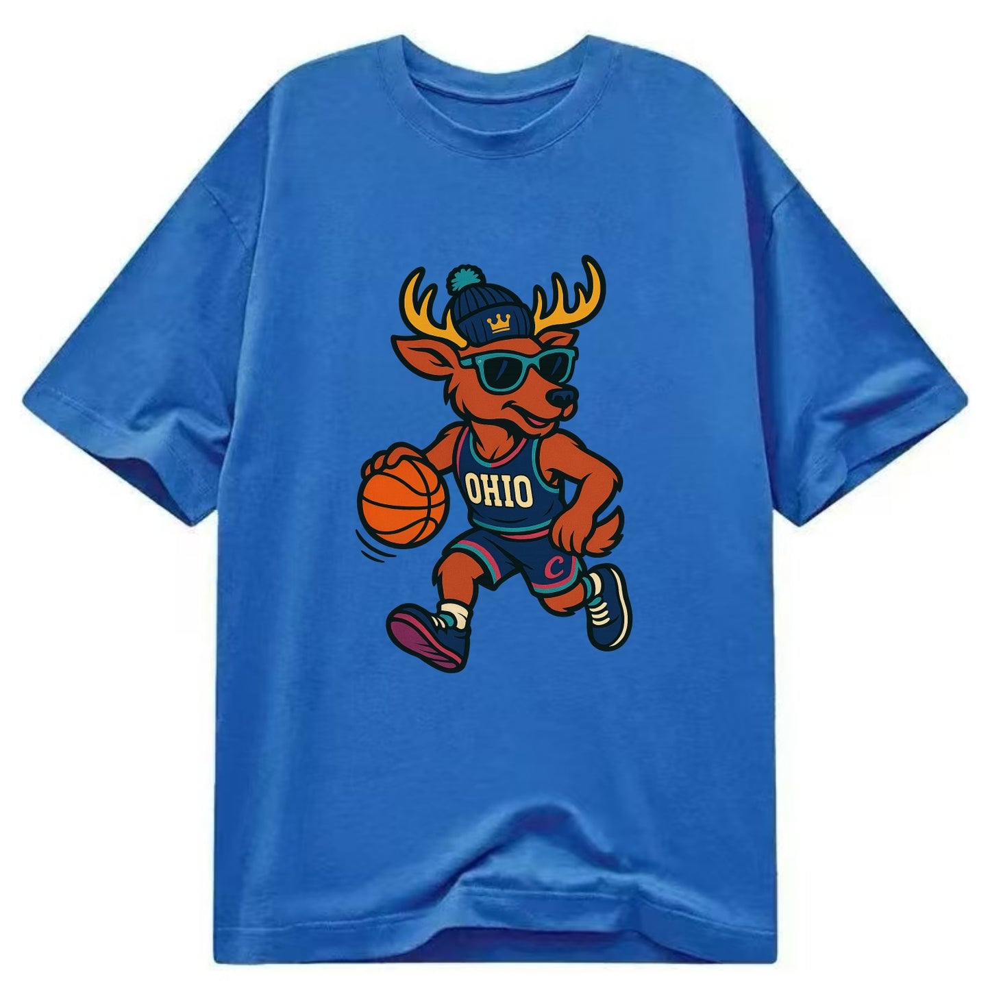 Ohio Deer wearing Cavs beanie with crown patch and wayfarer sunglasses - Classic T-shirt - Blue