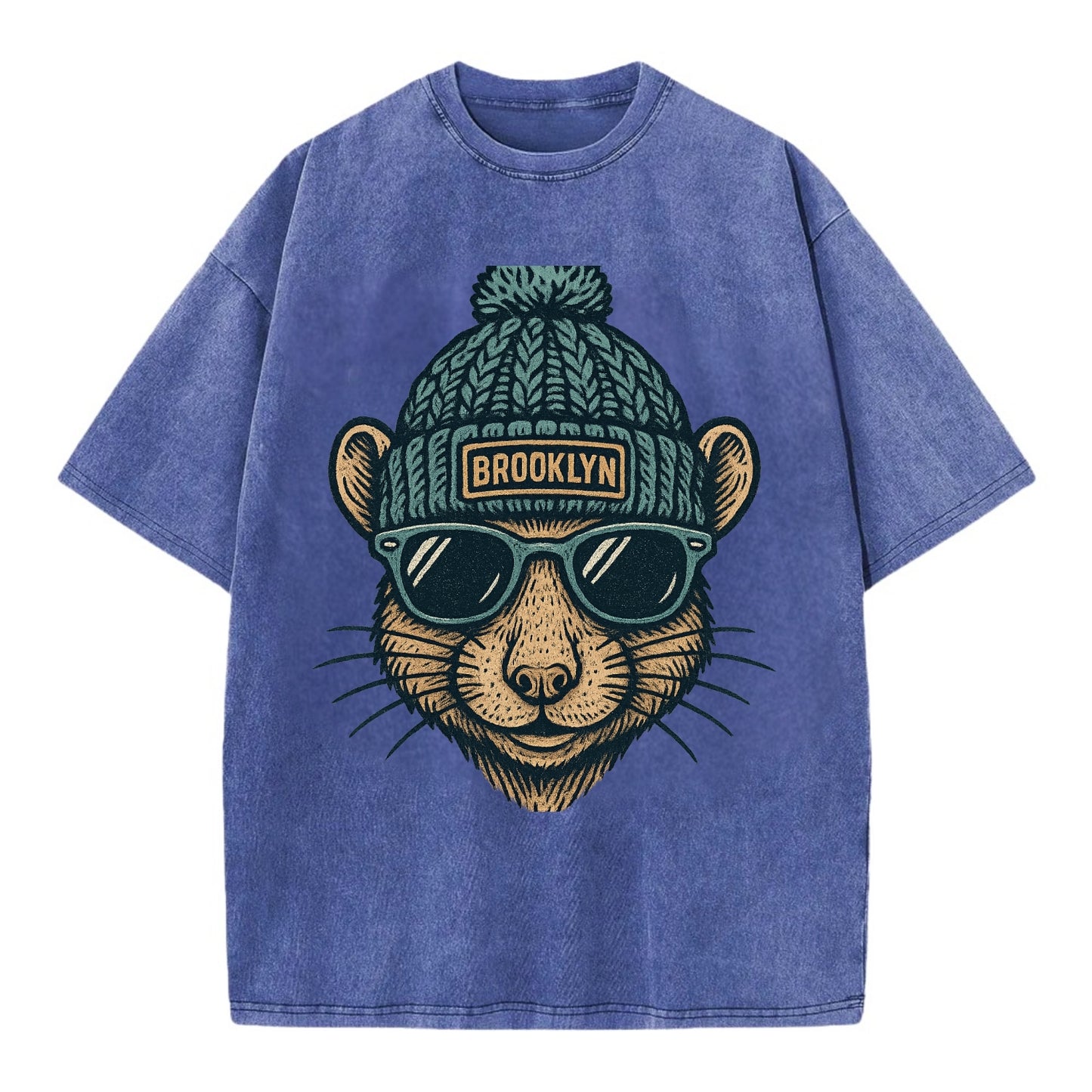NYC Rat wearing Brooklyn beanie with pom pom and wayfarer sunglasses - Vintage T-shirt - Blue
