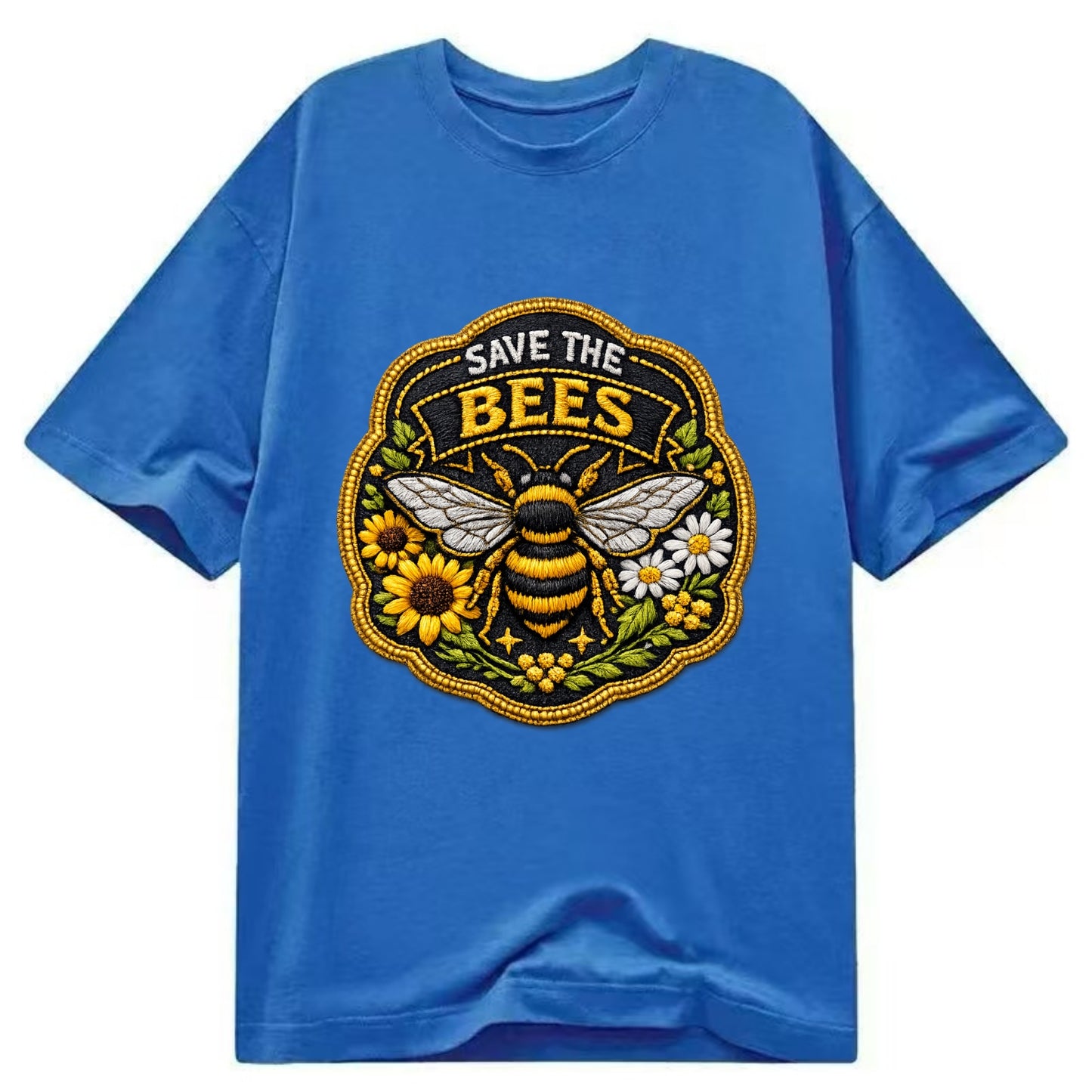 SAVE THE BEES - bee with flowers in yellow , pollinator protection - Classic T-shirt - Blue
