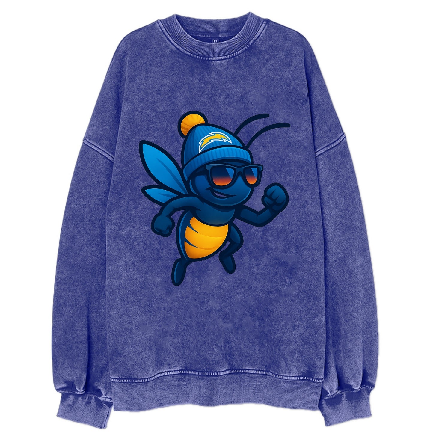 LA Lightning Bug wearing Chargers powder blue and gold beanie with pom pom and - Vintage Sweatshirt - Blue