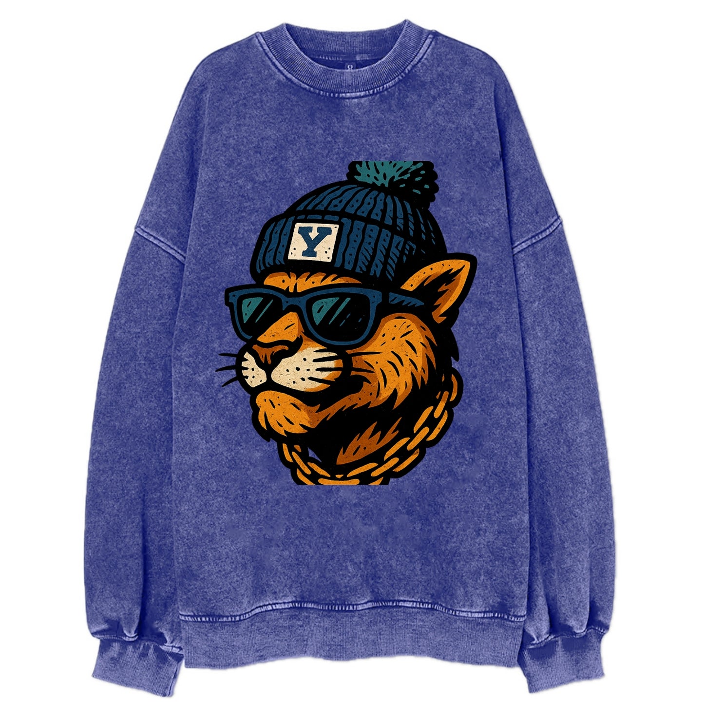 Provo Cougar wearing BYU beanie with Y patch - Vintage Sweatshirt - Blue