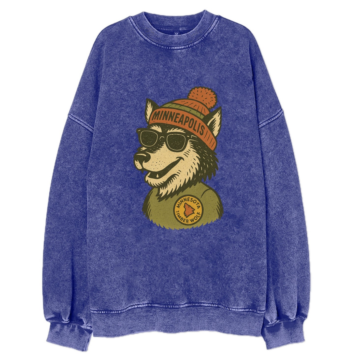 Minnesota Timber Wolf wearing Minneapolis beanie with pom pom and wayfarer - Vintage Sweatshirt - Blue