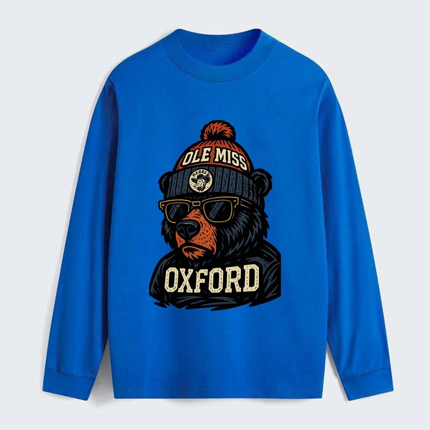 Oxford Black Bear wearing Ole Miss beanie with rebel patch - Classic Long Sleeve Shirt - Blue