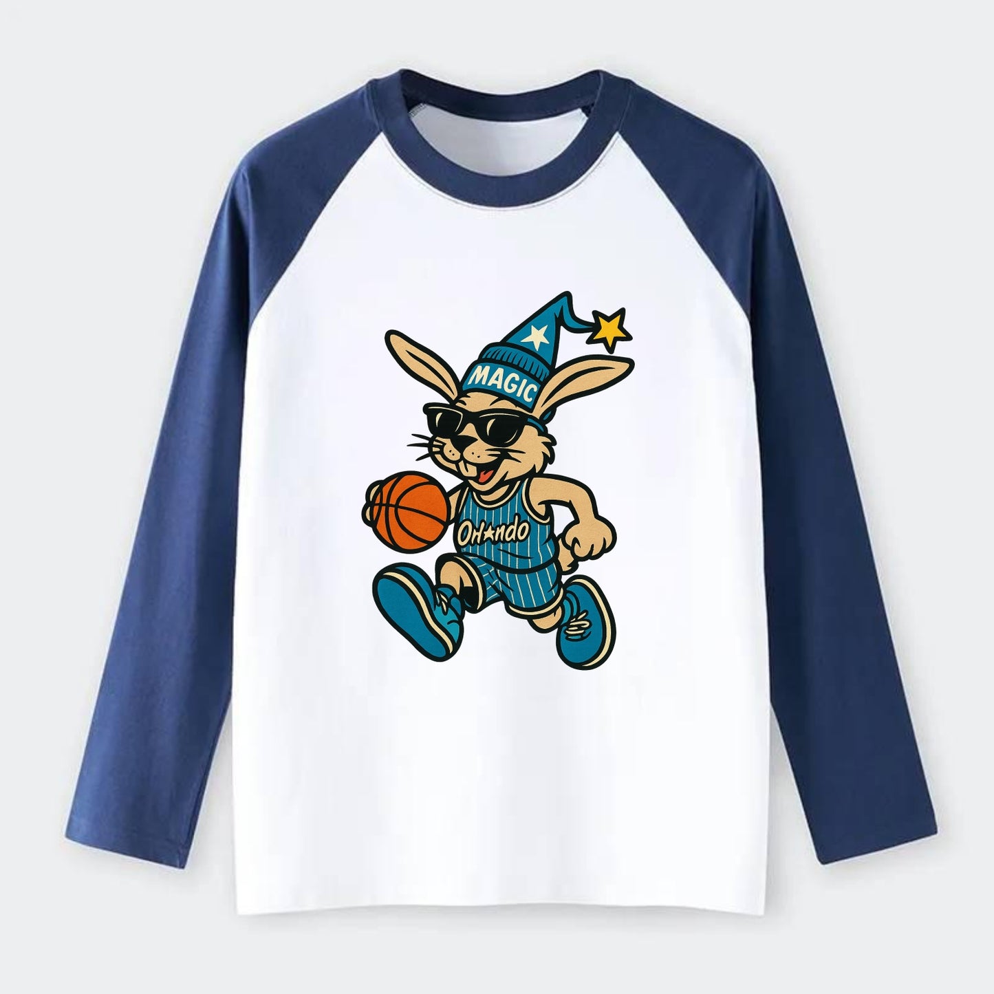 Orlando Rabbit wearing Magic blue and silver beanie with wizard hat - Raglan Long Sleeve T-Shirt - Blue