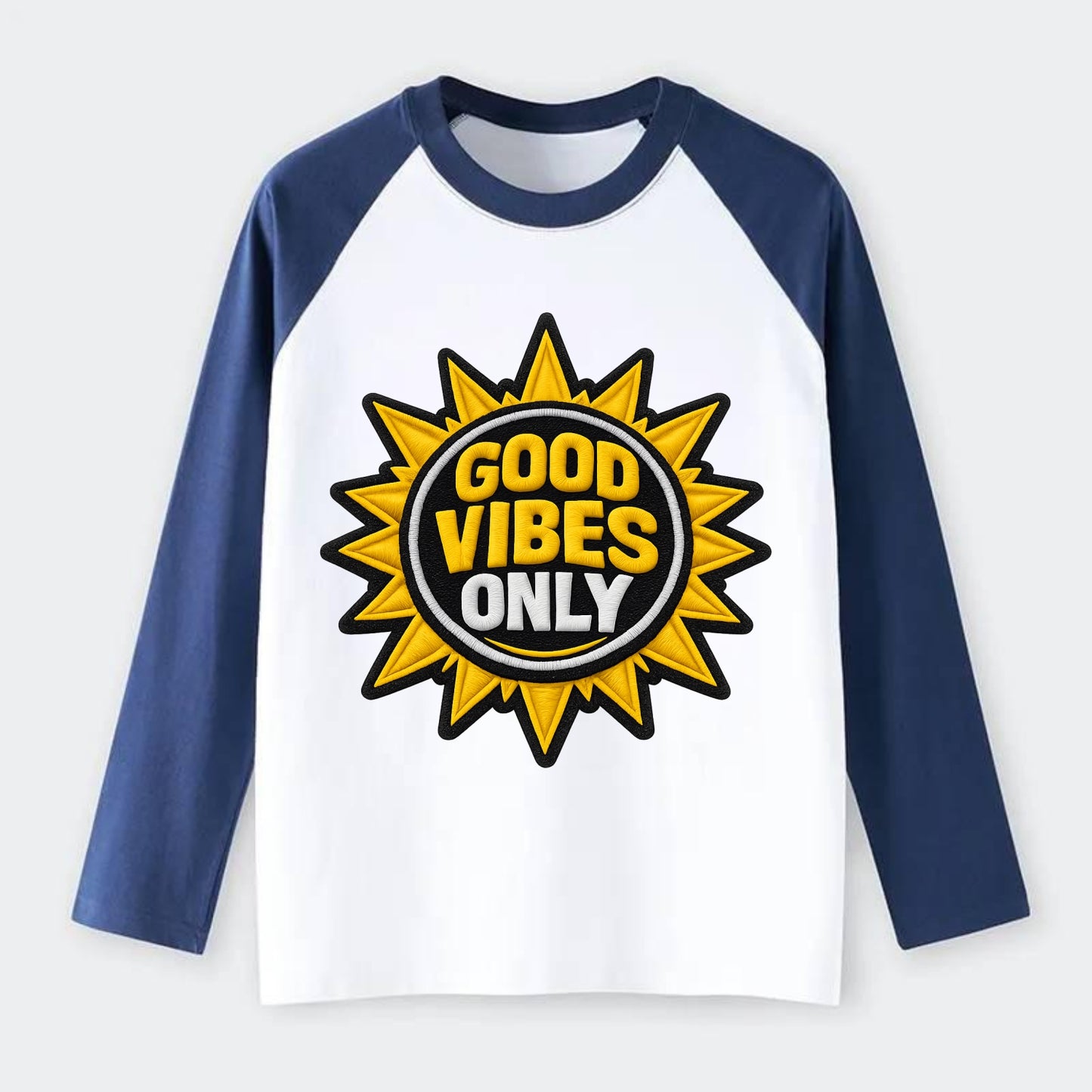 GOOD VIBES ONLY - sun with text in yellow , positive energy - Raglan Long Sleeve T-Shirt - Blue