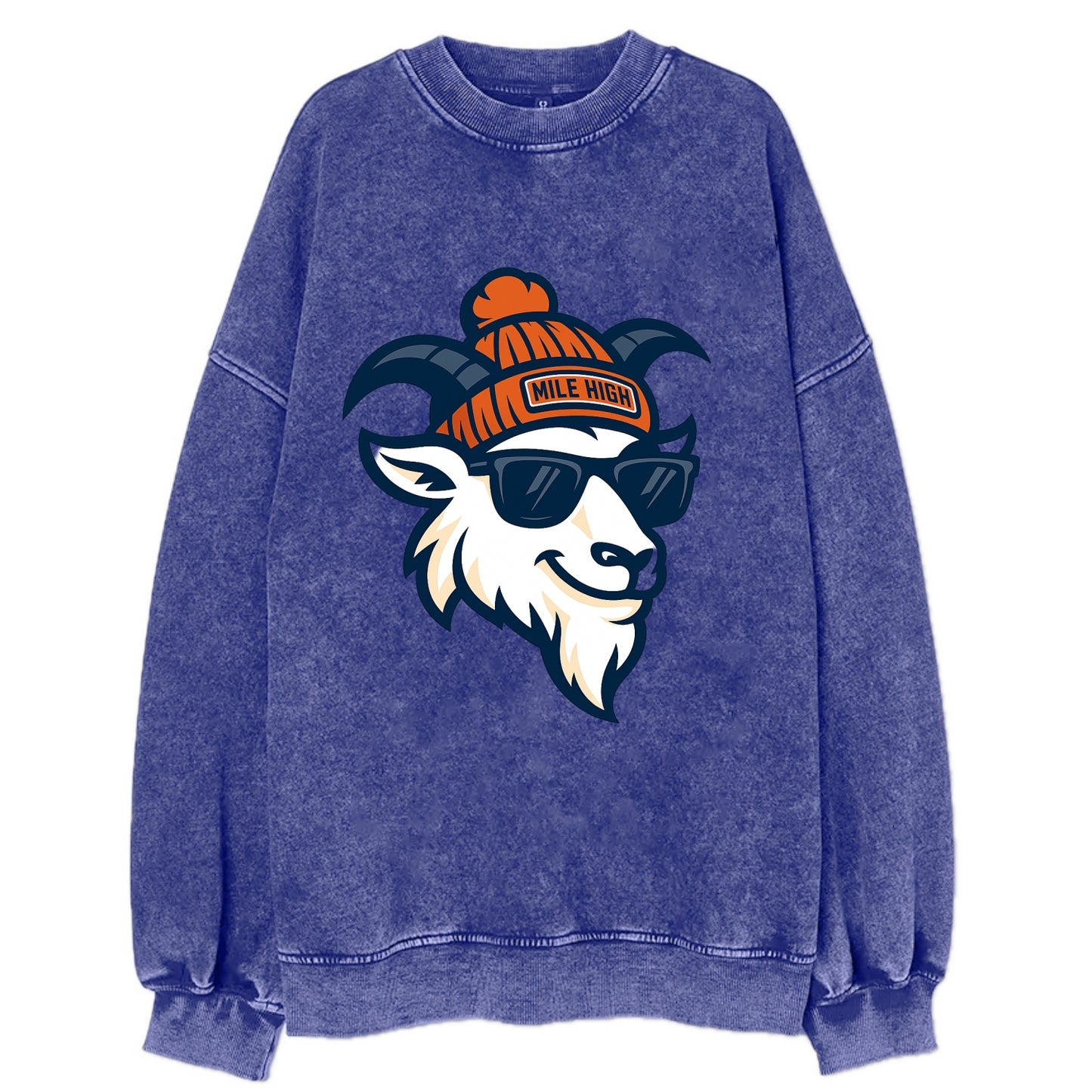 Denver Mountain Goat wearing Broncos beanie with Mile High patch and wayfarer - Vintage Sweatshirt - Blue