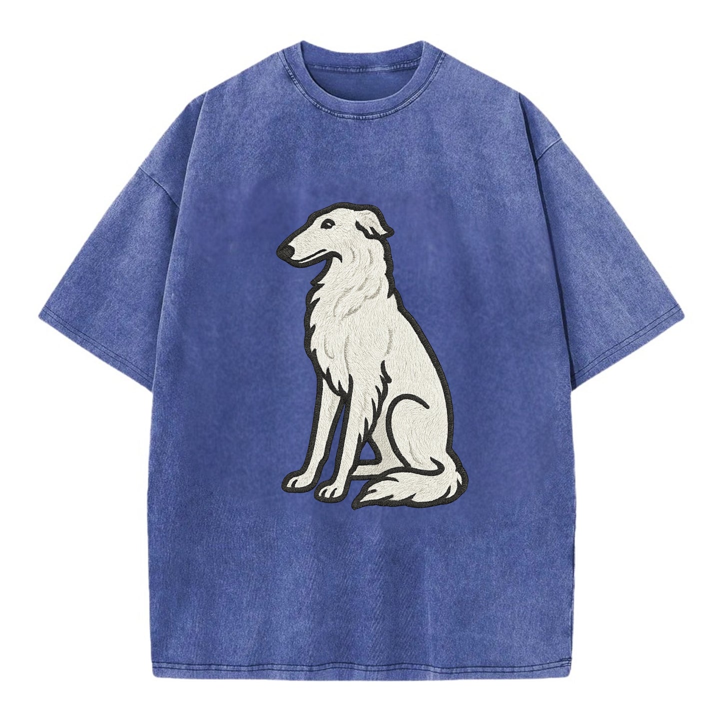 Borzoi - White embroidered sitting pose - Vintage T-shirt - Blue