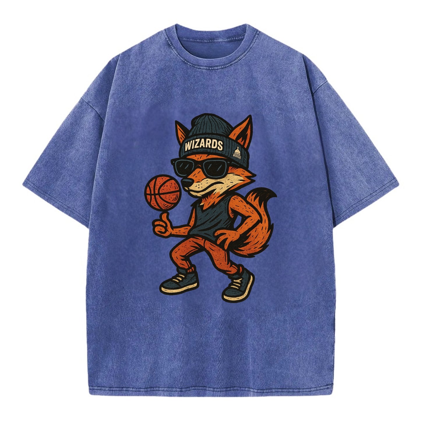 Washington Fox wearing Wizards beanie with capitol patch and wayfarer sunglasses - Vintage T-shirt - Blue