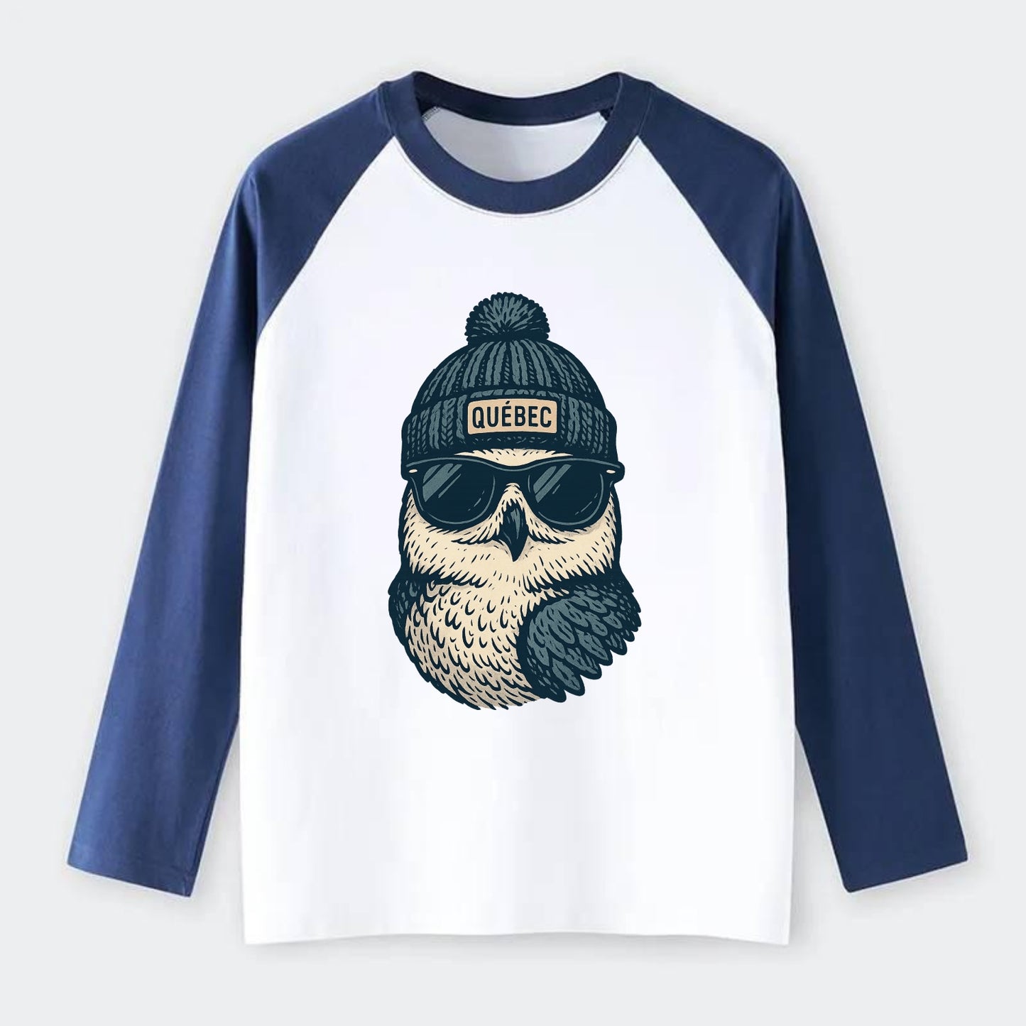 Quebec City Snowy Owl wearing Quebec bea - Raglan Long Sleeve T-Shirt - Blue