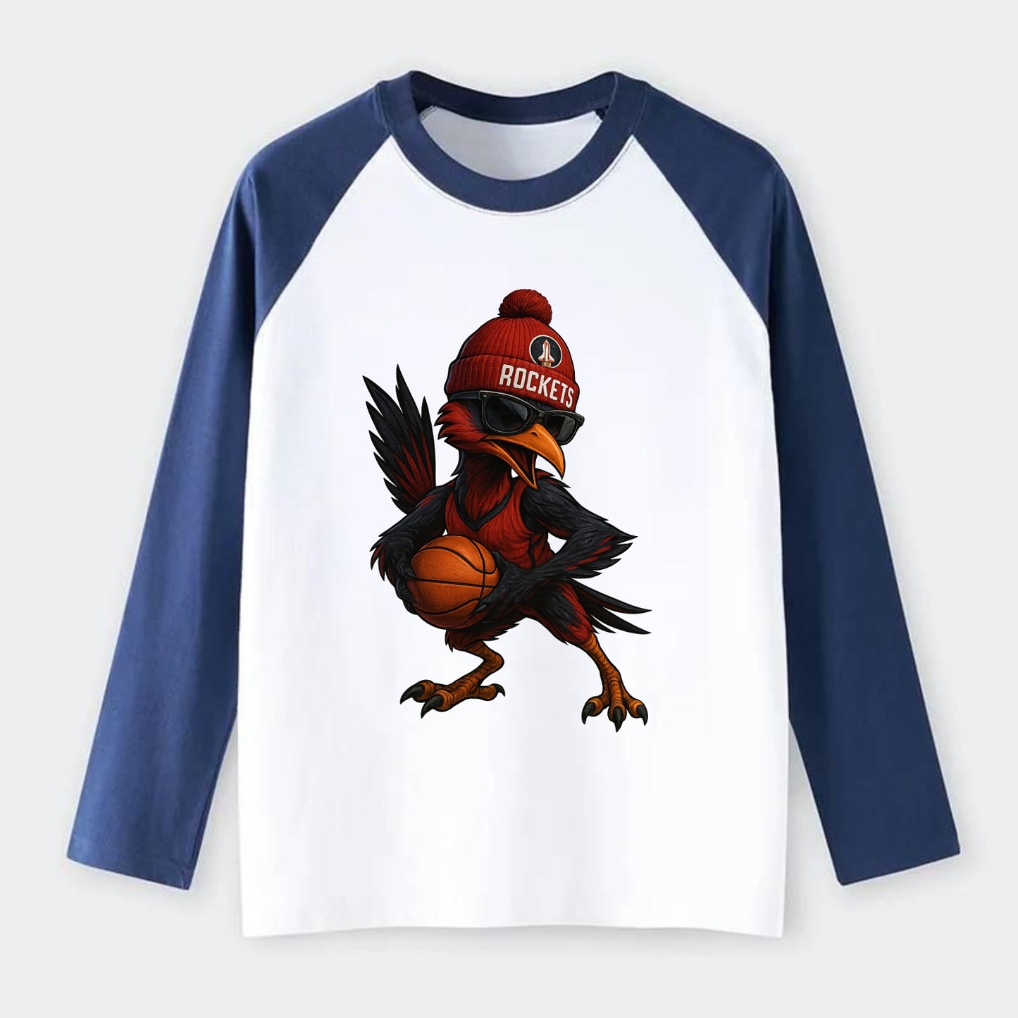 Houston Roadrunner wearing Rockets beanie with launch pad patch and - Raglan Long Sleeve T-Shirt - Blue