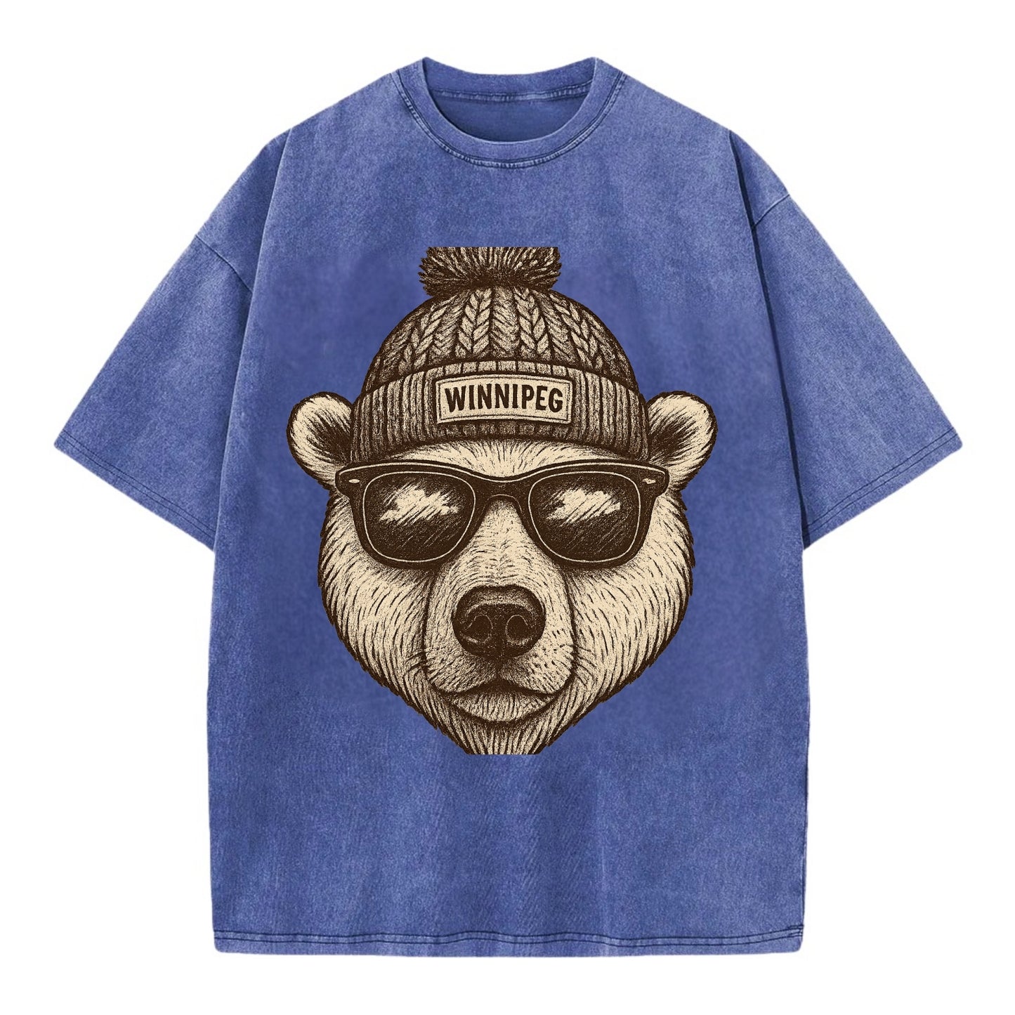 Winnipeg Polar Bear wearing Winnipeg beanie with pom pom and wayfarer sunglasses - Vintage T-shirt - Blue