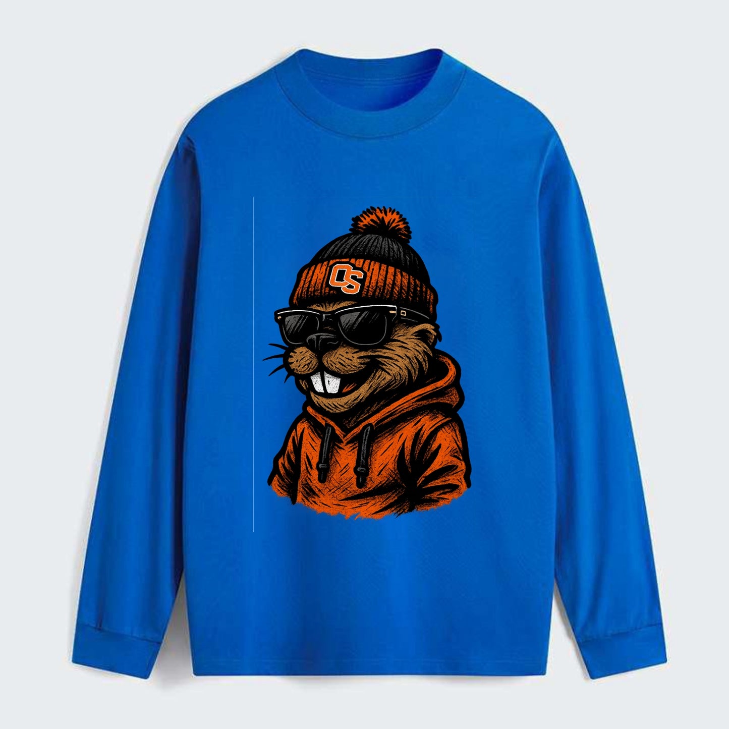Corvallis Beaver wearing Oregon State beanie with OS patch - Classic Long Sleeve Shirt - Blue