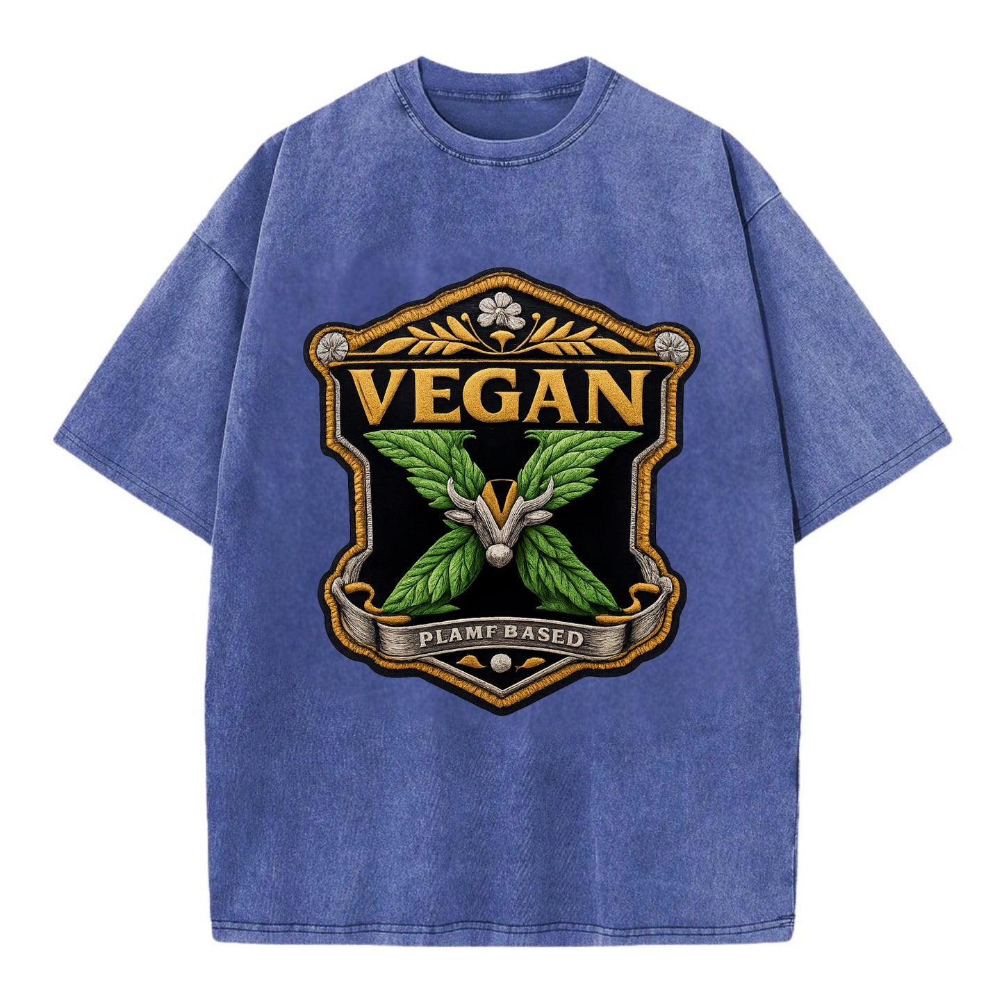 VEGAN X - plant-based symbol in green , animal rights - Vintage T-shirt - Blue