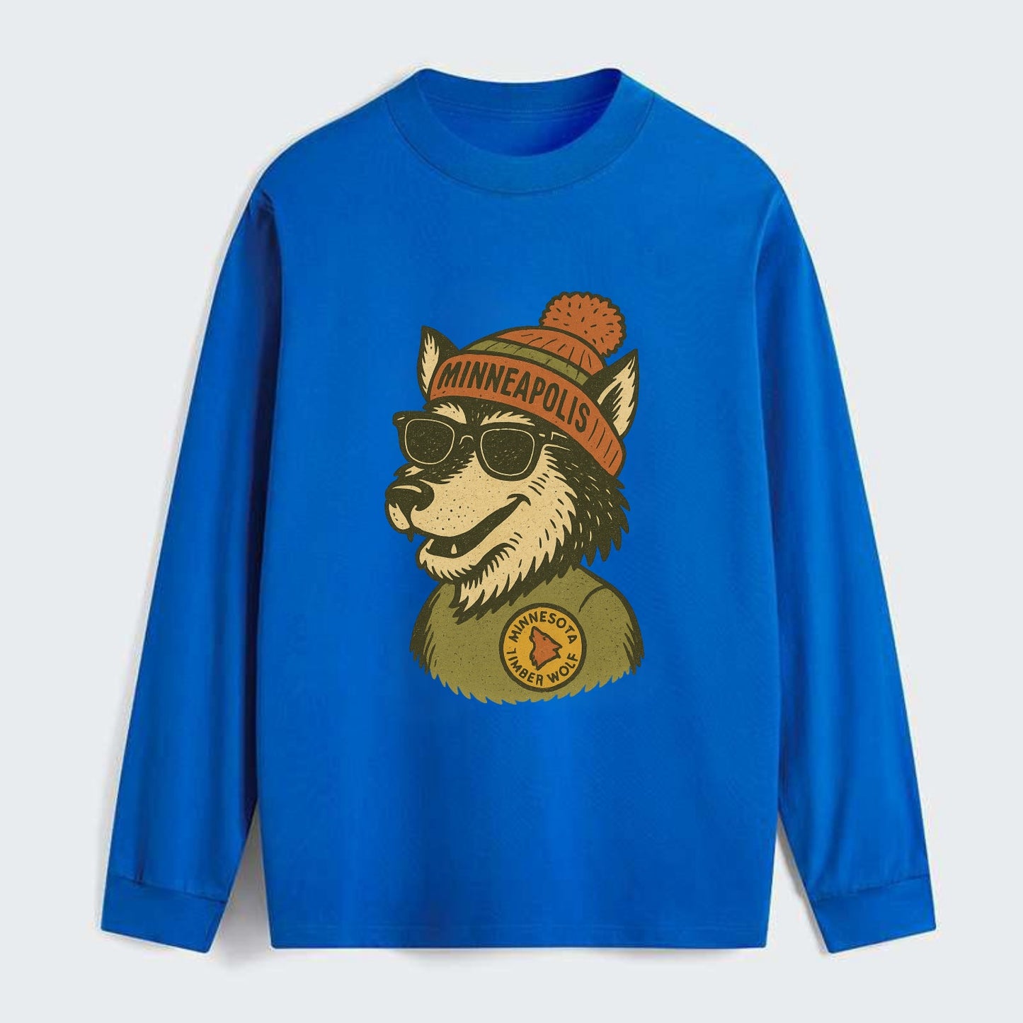 Minnesota Timber Wolf wearing Minneapolis beanie with pom pom and - Classic Long Sleeve Shirt - Blue