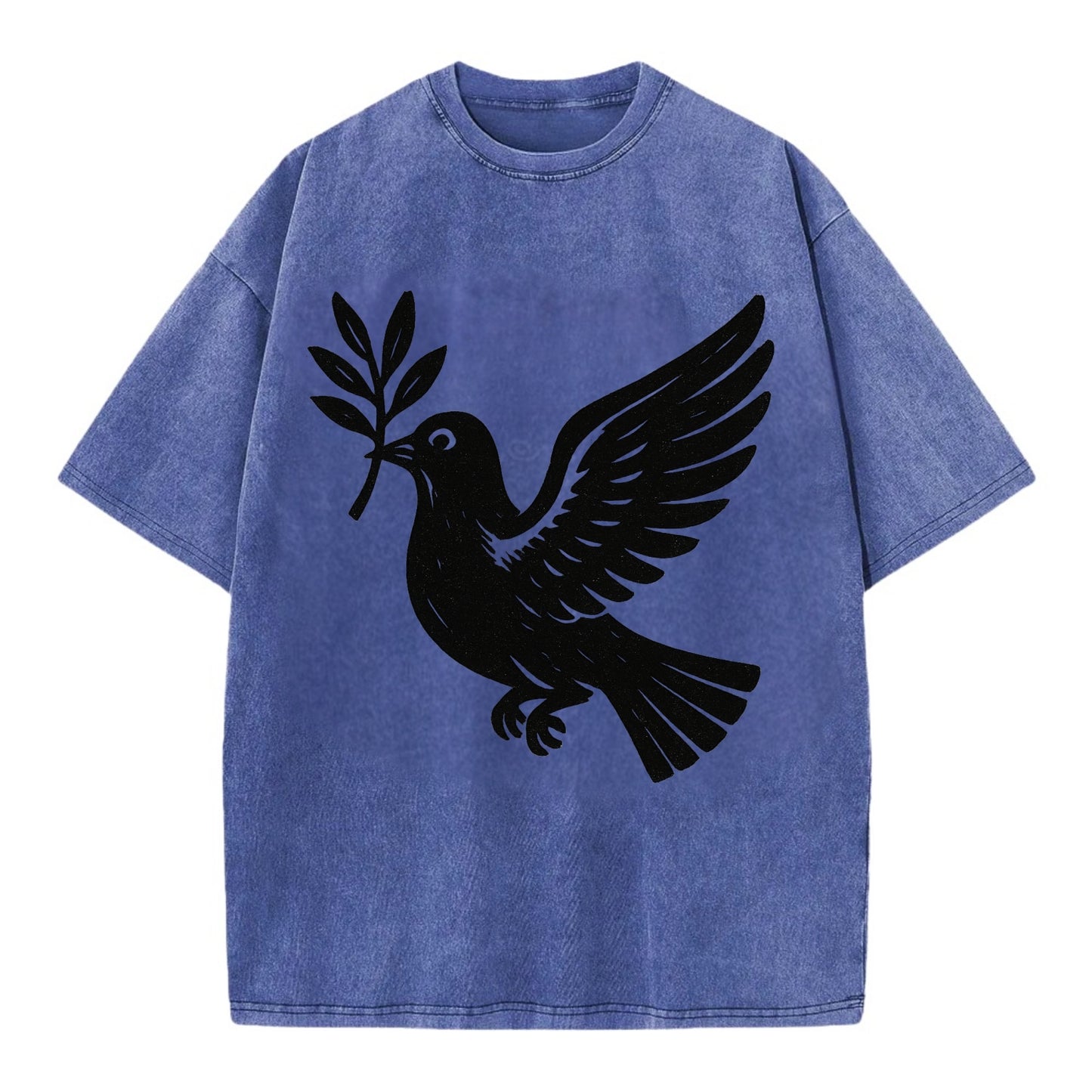 Dove carrying olive branch - peace movement ink painting - Vintage T-shirt - Blue