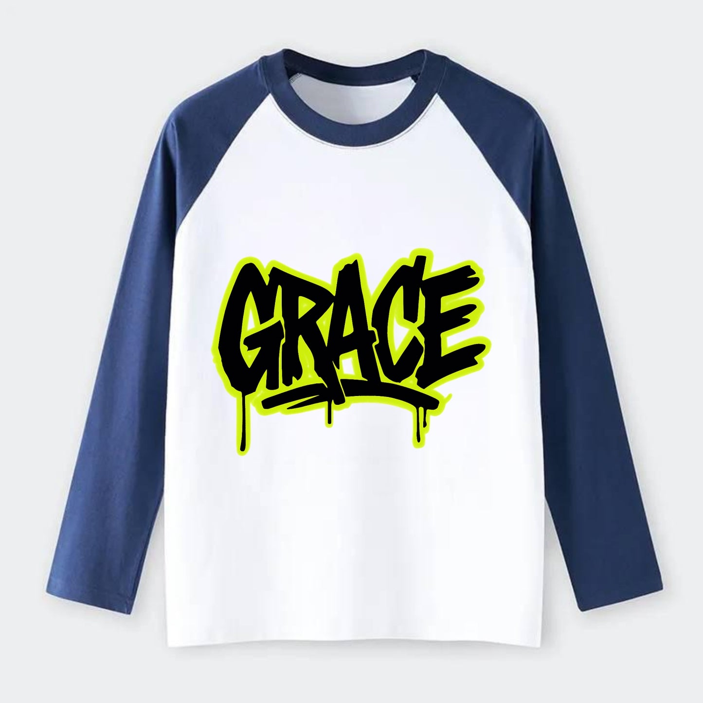 Bold typography design - "GRACE" - elegance under pressure, divine - Raglan Long Sleeve T-Shirt - Blue