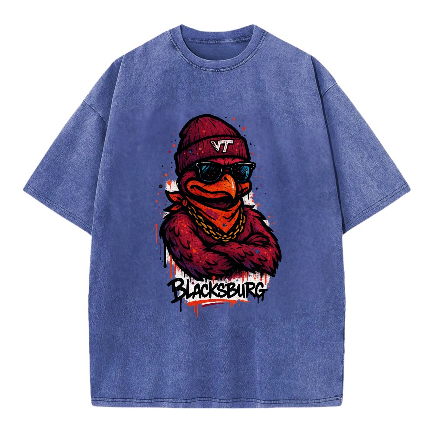 Blacksburg HokieBird wearing Virginia Tech beanie with VT patch - Vintage T-shirt - Blue