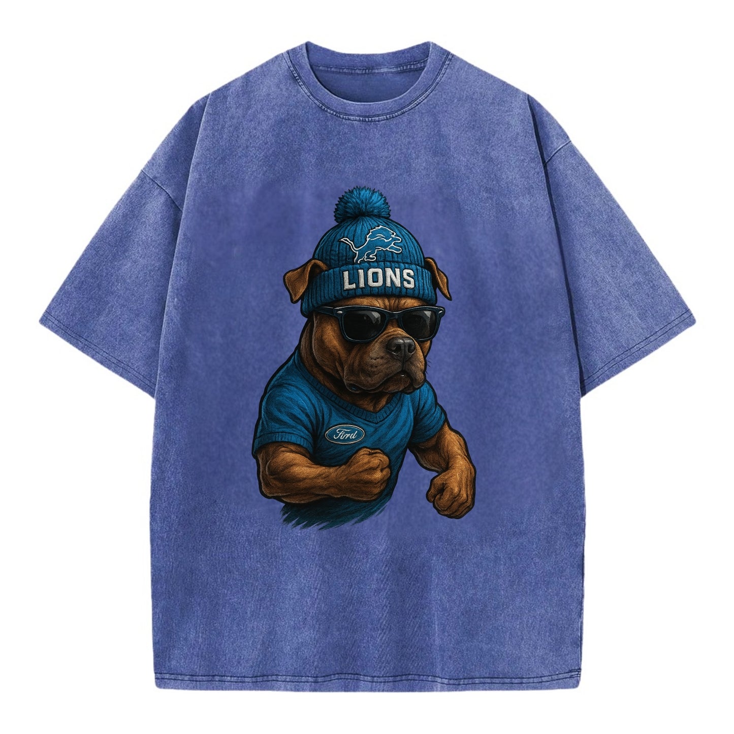 Detroit Pitbull wearing Lions beanie with auto patch and wayfarer sunglasses - Vintage T-shirt - Blue