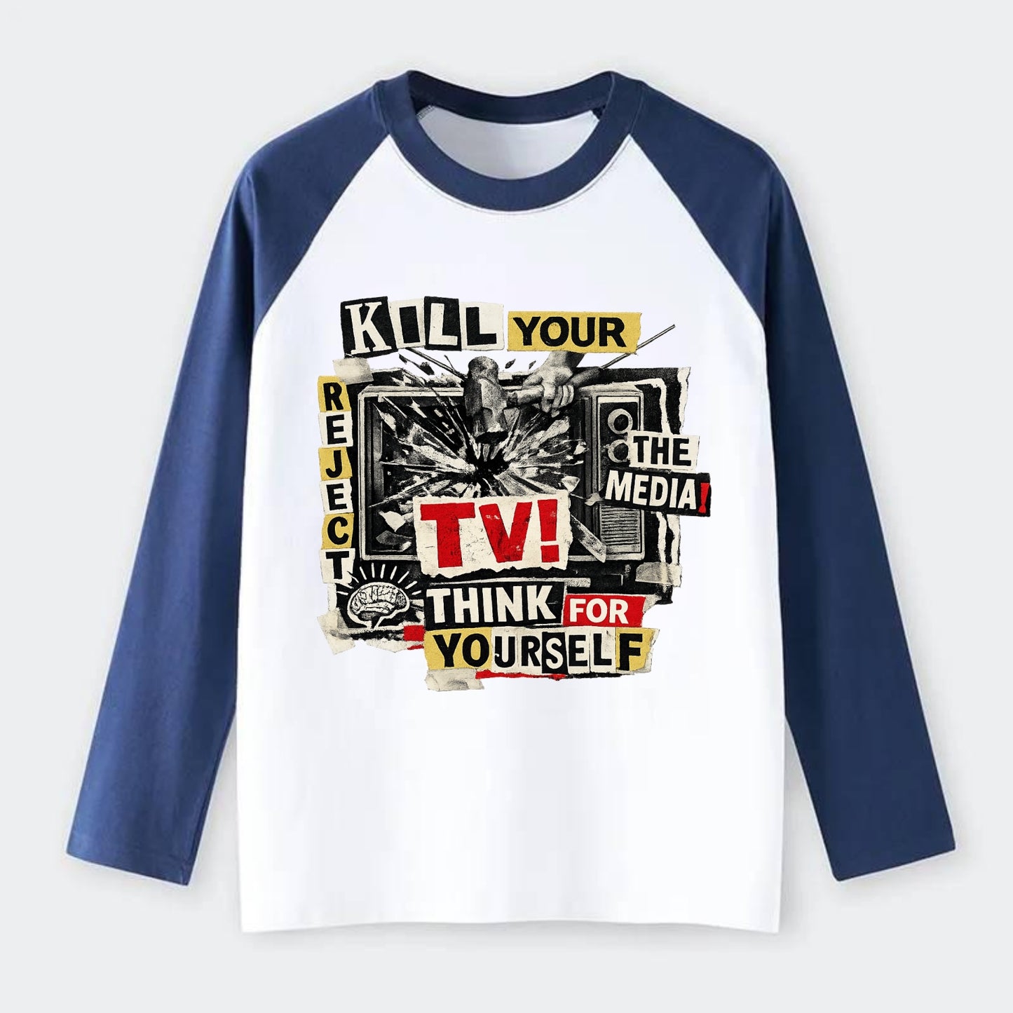KILL YOUR TV | Smashed television | Reject media | Think for yourself - Raglan Long Sleeve T-Shirt - Blue