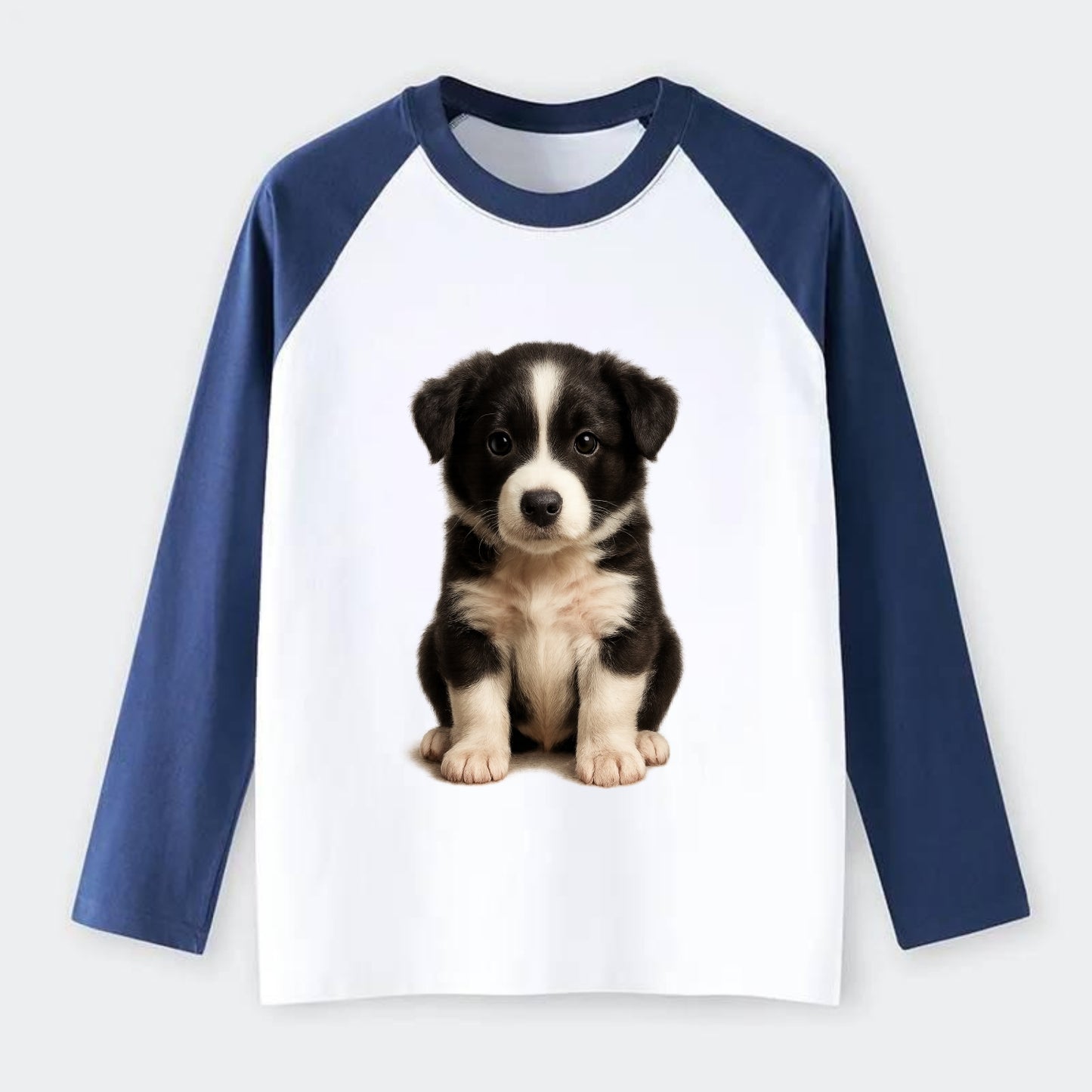 Baby Border Collie Puppy - black and white, intense smart eyes, - Raglan Long Sleeve T-Shirt - Blue
