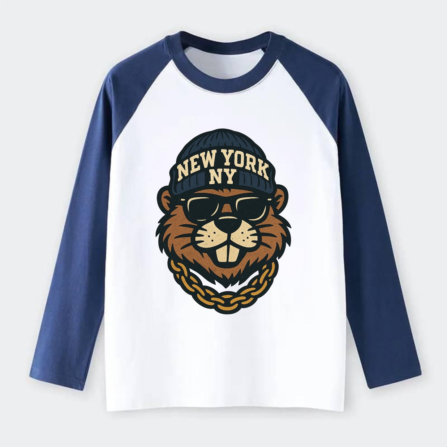 {"animal":"beaver","locationText":"NEW YORK","initials":"NY","beanieCol - Raglan Long Sleeve T-Shirt - Blue