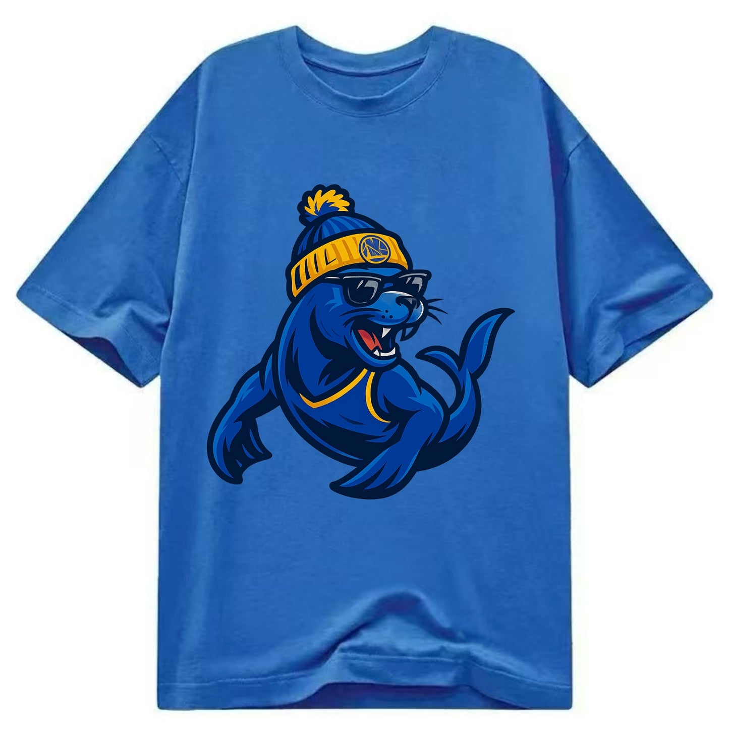 Bay Area Sea Lion wearing Warriors blue and gold beanie with Golden Gate and - Classic T-shirt - Blue