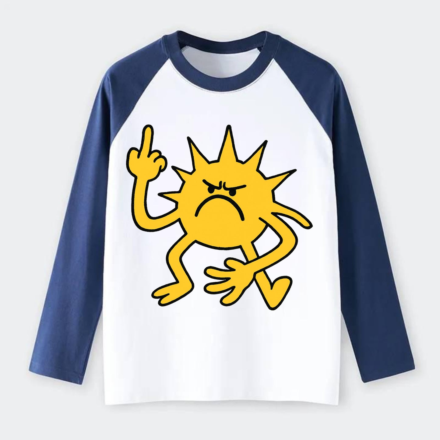 MORNINGS ARE PUNISHMENT | Grumpy sun with middle finger - Raglan Long Sleeve T-Shirt - Blue