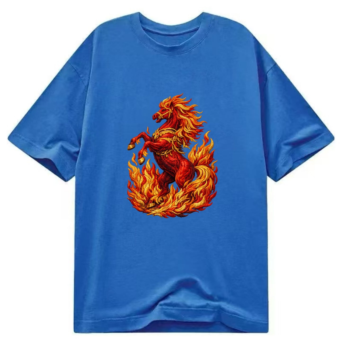 VICTORY BLAZE | Triumphant rearing horse in flames | Achievement celebration | - Classic T-shirt - Blue