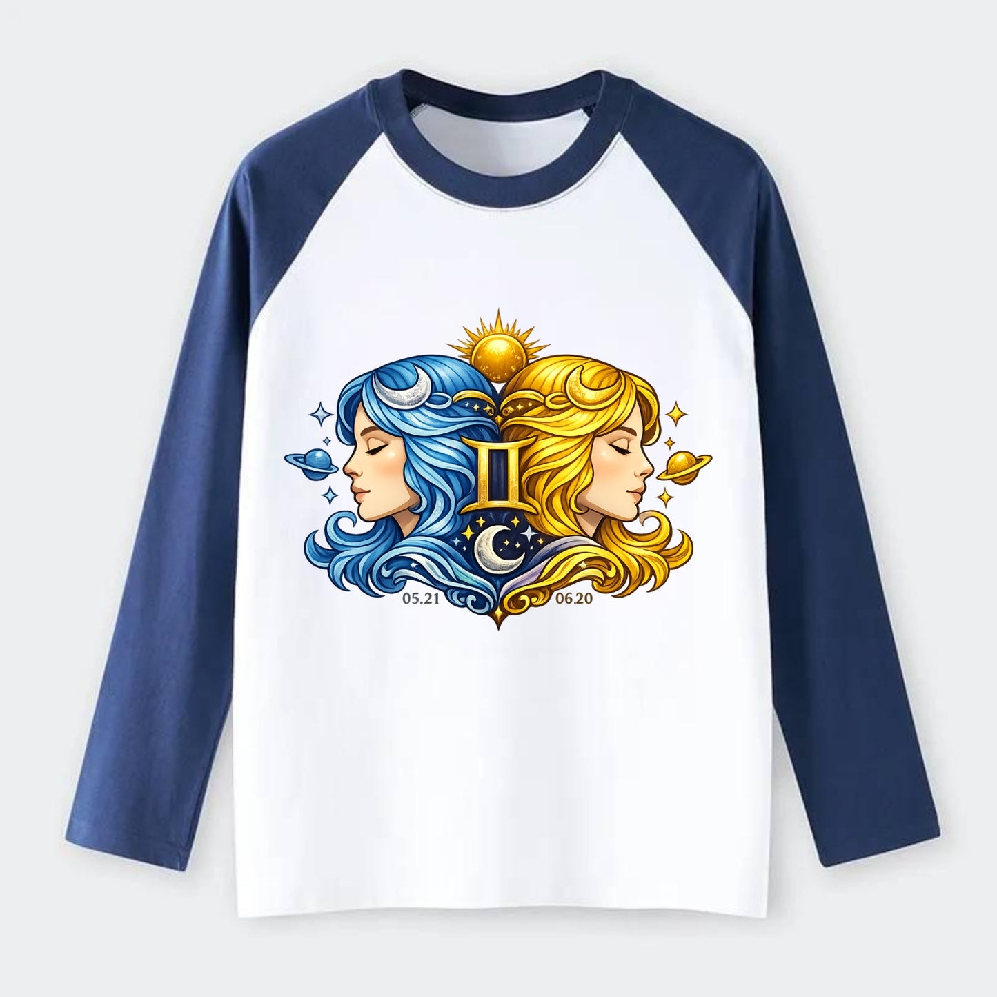 TWIN FACES | Two faces in profile mirror image | Gemini duality | - Raglan Long Sleeve T-Shirt - Blue