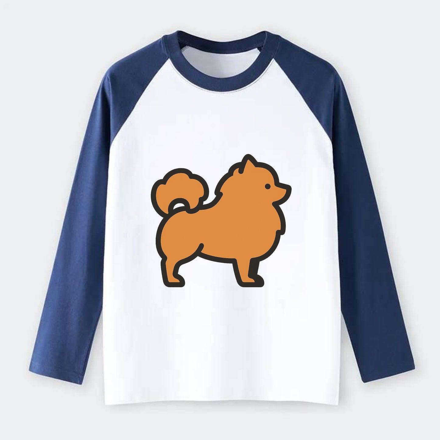 Pomeranian - Orange fluffy flat side profile - Raglan Long Sleeve T-Shirt - Blue