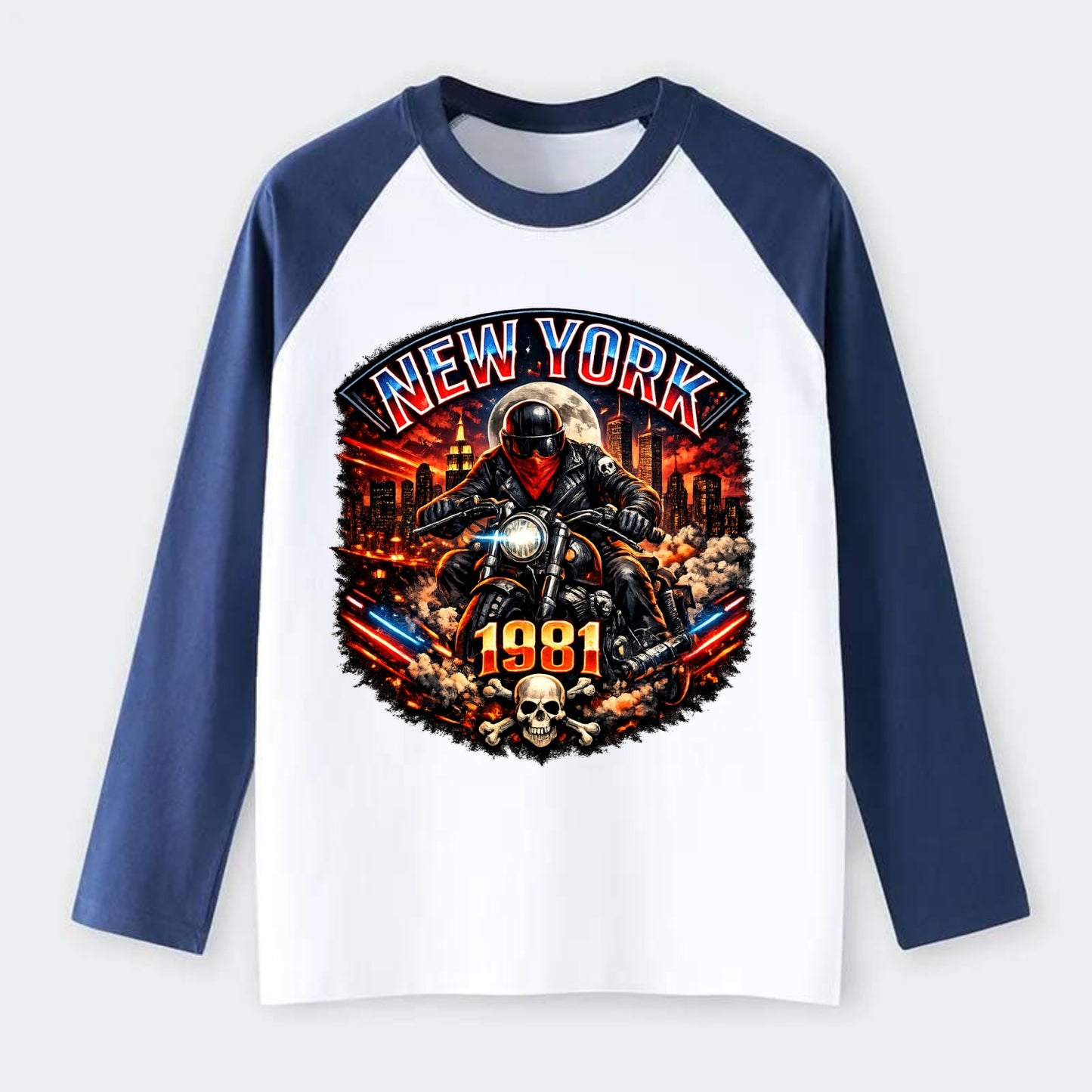New York 1981 Biker - Raglan Long Sleeve T-Shirt - Blue