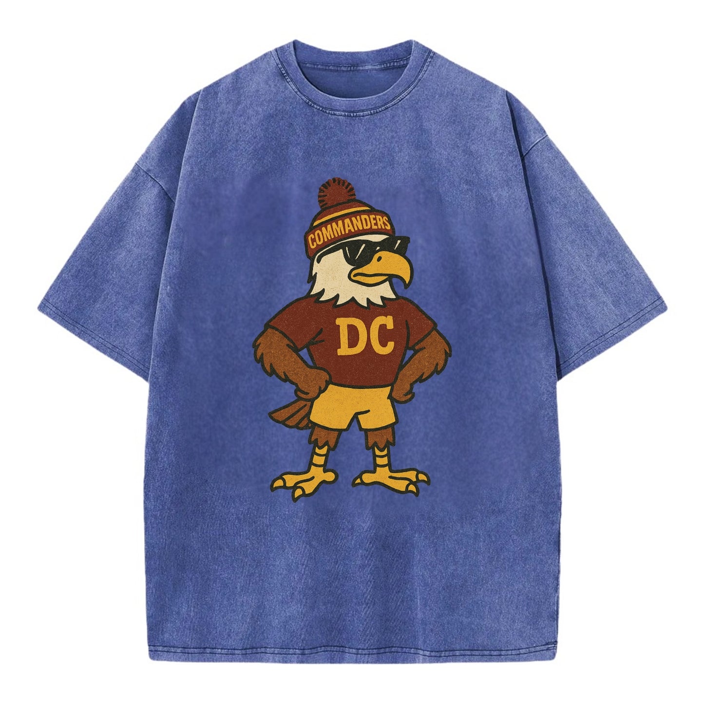 DC Eagle wearing Commanders burgundy and gold beanie with pom pom and wayfarer - Vintage T-shirt - Blue