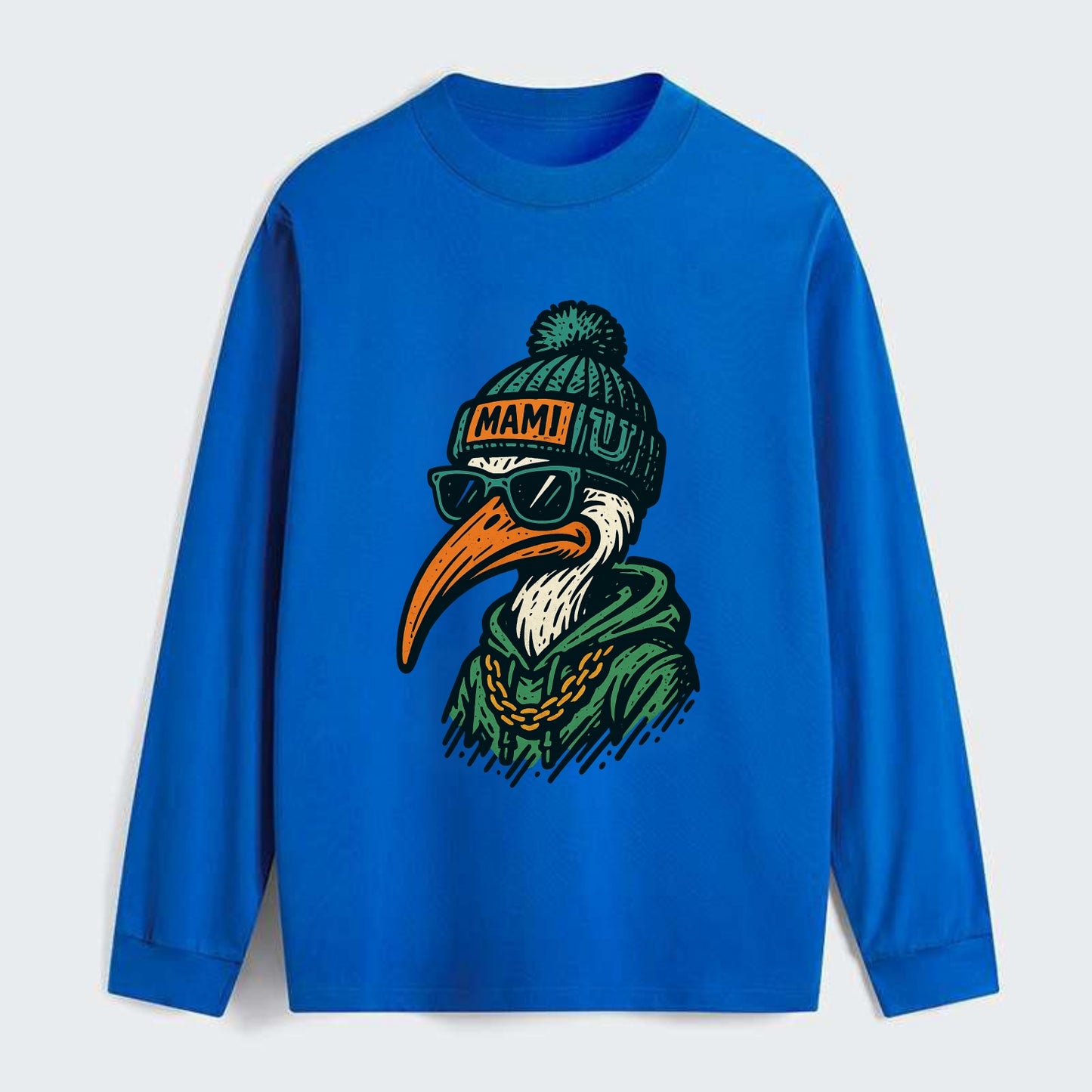 Coral Gables Ibis wearing Miami beanie with U patch - Classic Long Sleeve Shirt - Blue