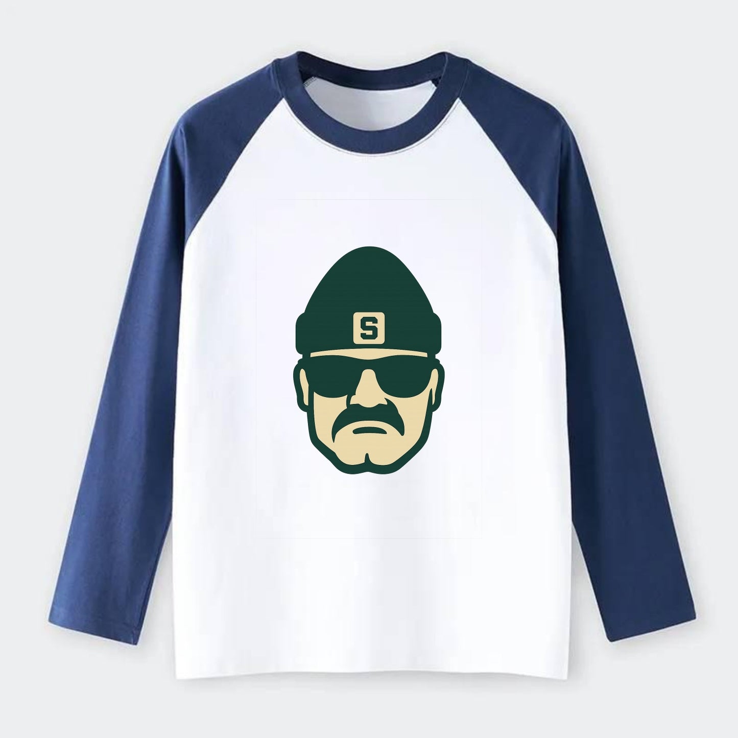 East Lansing Spartan wearing Michigan State beanie with S patch - Raglan Long Sleeve T-Shirt - Blue