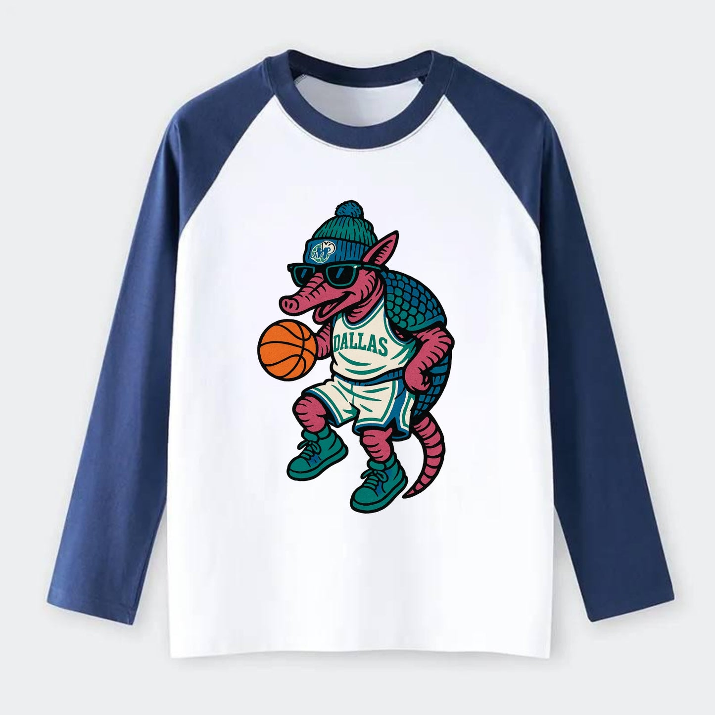 Dallas Armadillo wearing Mavericks beanie with cowboy hat patch and - Raglan Long Sleeve T-Shirt - Blue